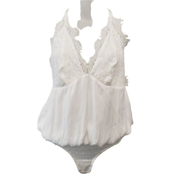 Free People Thong Bodysuit Women's Small White Eyelash-Trim Mesh Embroided NEW - Picture 2 of 11